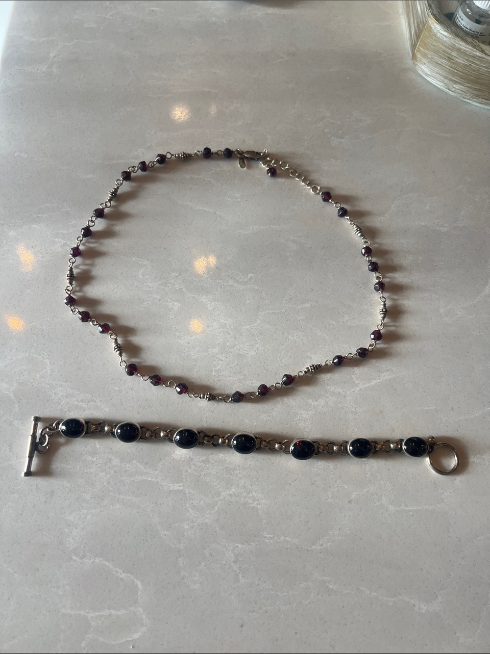 Sterling silver/ garnet Chain Necklace with bracelet